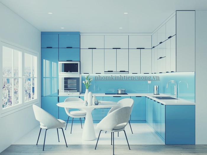 Mẫu tủ bếp chữ L nhôm kính đẹp 2